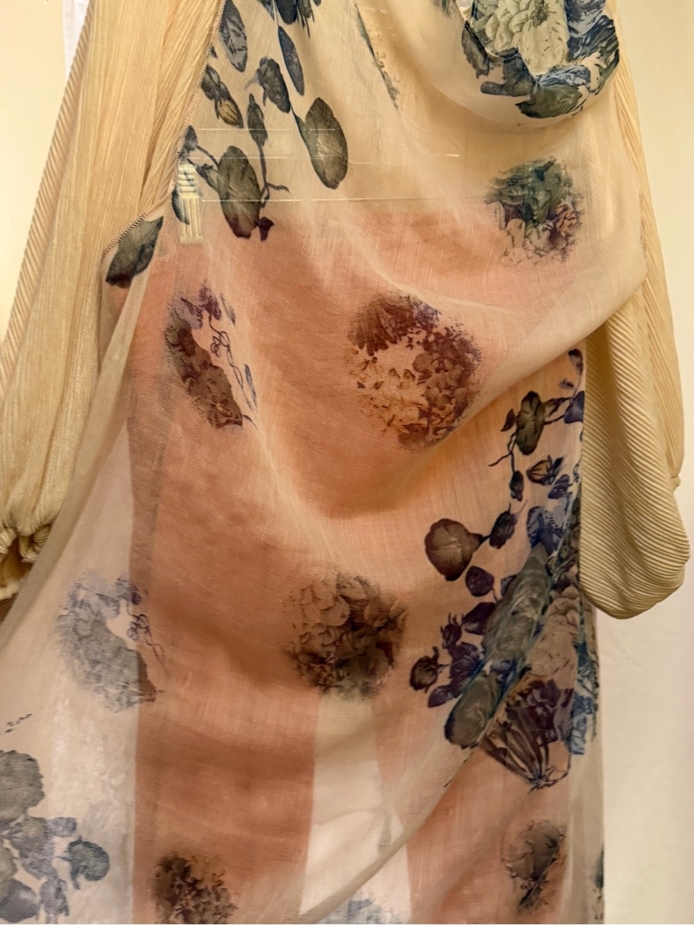 Sheer scarf duster cover up jacket in cream with green leaf detail and tassels